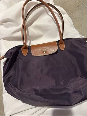 Longchamp Plum Nylon Shoulder Tote with Tan Leather Trim